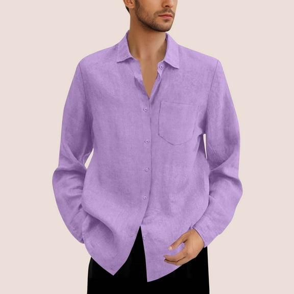 DPTALR George Men's Fashion Solid Color Button Pocket Long Sleeved Lapel Shirt,Purple,Big and Tall Men XXXXL