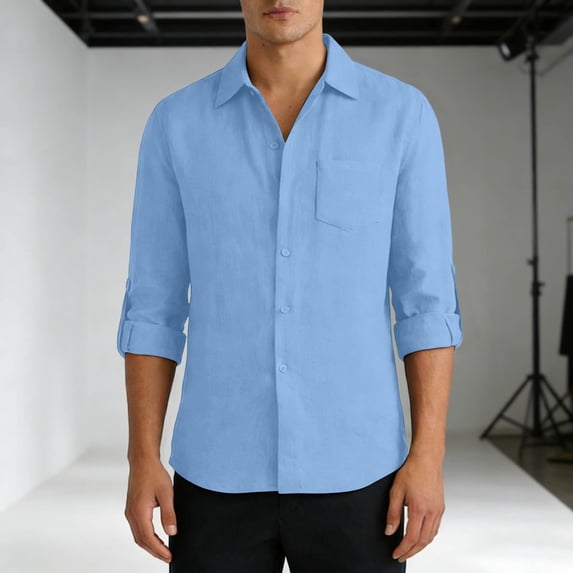 DPTALR Men's Fashion Solid Color Lapel Button-up Pocket Long Sleeve Cardigan Shirt,Light Blue,Big and Tall Men XXXL