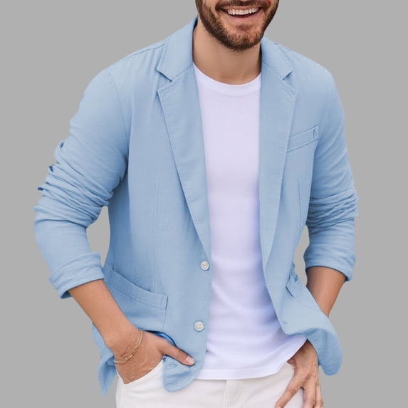 DPTALR Men's Fashion Solid Color Long Sleeve Lapel Imitation Linen Casual Pocket Blazer Jacket,Light Blue,Big and Tall Men XXXL