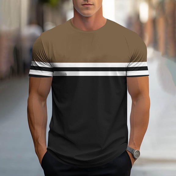 DPTALR George Men's Fashion Striped Print Round-Neck Short Sleeve Casual Sport T-shirt,Coffee,Big and Tall Men XXXL
