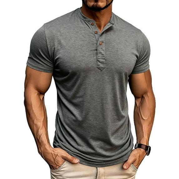 DPTALR Men's Fashionable Solid Color Henley T-Shirt,Short Sleeve Round Neck,Half Button Pocket,Regular Fit,Dark Gray, XXL