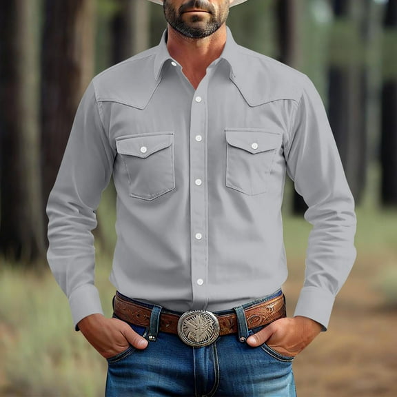 DPTALR George Men's Fashionable Vintage Casual Long-Sleeve Shirt Solid Color & Turndown Collar,Gray Big and Tall Men S