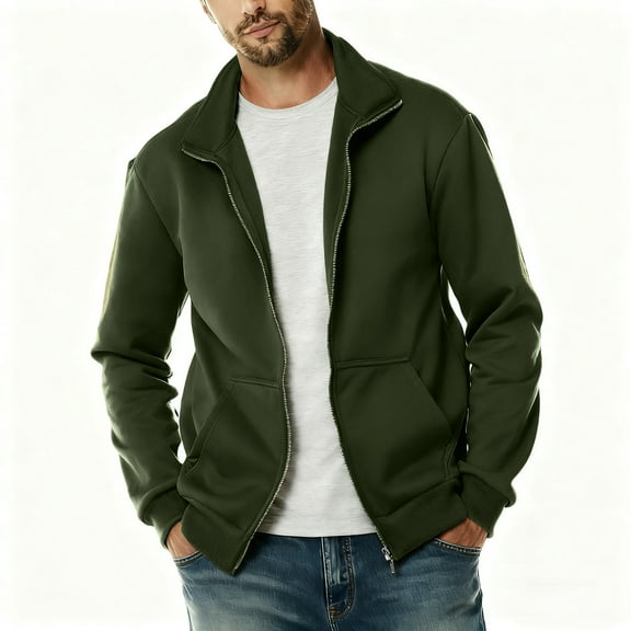 DPTALR George Men's Full-Zip Sweatshirt,Casual Lightweight,Long Sleeve,Mock Neck Jacket with Pocket,Green,Big and Tall Men L