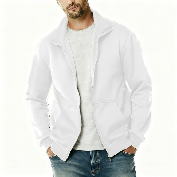 DPTALR George Men's Full-Zip Sweatshirt,Casual Lightweight,Long Sleeve,Mock Neck Jacket with Pocket,White,Big and Tall Men S