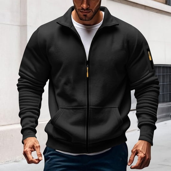 DPTALR Men's Full-Zip Sweatshirt,Outdoor Gym Sports Jacket,Long Sleeve,Stand Collar,Athletic Sweatshirt with Pockets,Black,Big and Tall Men XL