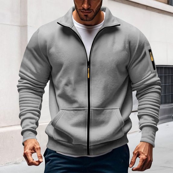 DPTALR Men's Full-Zip Sweatshirt,Outdoor Gym Sports Jacket,Long Sleeve,Stand Collar,Athletic Sweatshirt with Pockets,Gray,Big and Tall Men L