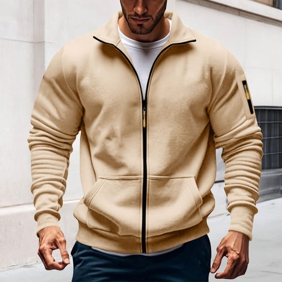 DPTALR Men's Full-Zip Sweatshirt,Outdoor Gym Sports Jacket,Long Sleeve,Stand Collar,Athletic Sweatshirt with Pockets,Khaki,Big and Tall Men S