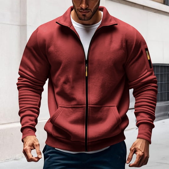 DPTALR Men's Full-Zip Sweatshirt,Outdoor Gym Sports Jacket,Long Sleeve,Stand Collar,Athletic Sweatshirt with Pockets,Wine,Big and Tall Men XXL