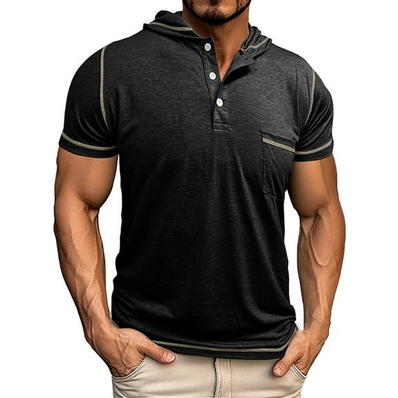DPTALR George Men's Henley Shirt Lightweight Short Sleeve Hoodies Casual Stylish Button BlackBig and Tall Men XXXL