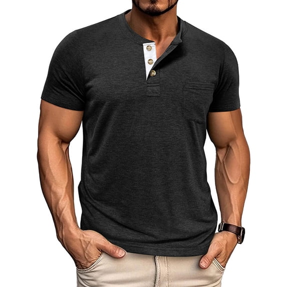 DPTALR Men's Henley Shirts,Short Sleeve Summer Casual,Classic Cotton T-Shirts with Pocket,Button Shirt,Black, M