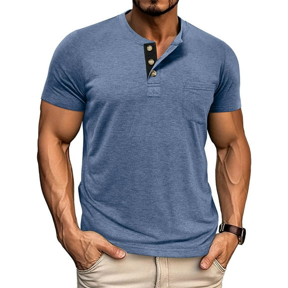 DPTALR George Men's Henley Shirts,Short Sleeve Summer Casual,Classic Cotton T-Shirts with Pocket,Button Shirt,Blue,Big and Tall Men M