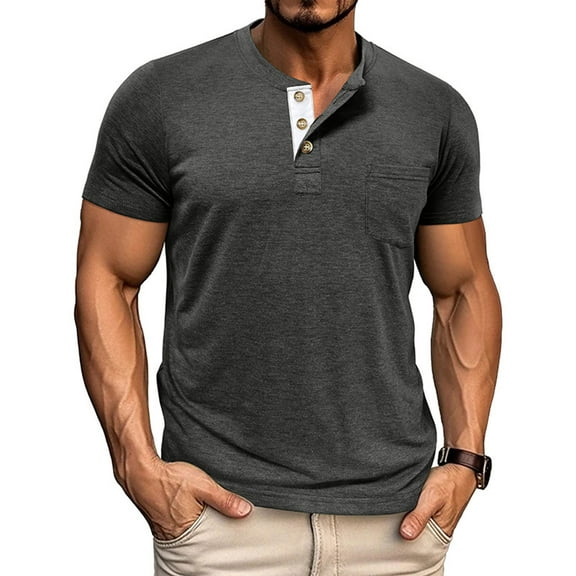 DPTALR George Men's Henley Shirts,Short Sleeve Summer Casual,Classic Cotton T-Shirts with Pocket,Button Shirt,Dark Gray,Big and Tall Men M