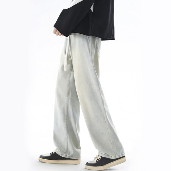 DPTALR Men's Jeans Pants Fashion Solid Color Drawstring Elastic Waist Loose Comfy Wide Leg Trouser Denim Beige Big and Tall Men M
