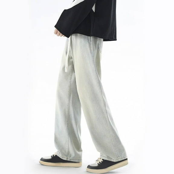 DPTALR George Men's Jeans Pants Fashion Solid Color Drawstring Elastic Waist Loose Comfy Wide Leg Trouser Denim Beige Big and Tall Men M