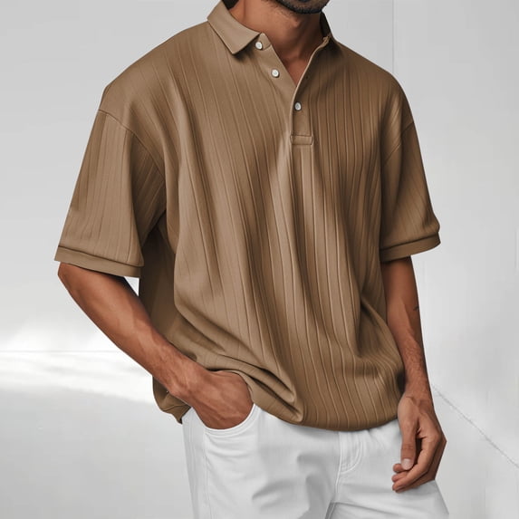 DPTALR Men's Knit Shirts,Short Sleeve Ribbed,Lightweight Casual Golf Shirts for Summer,Brown,Big and Tall Men S