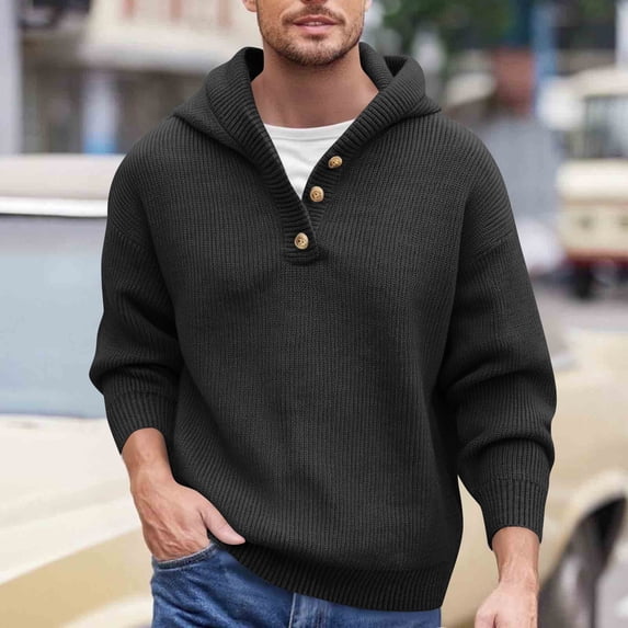 DPTALR Men's Knitted Casual Loose Elastic Pullover Long Sleeve Button V-Neck Hooded Sweater,Dark Gray,XXXL