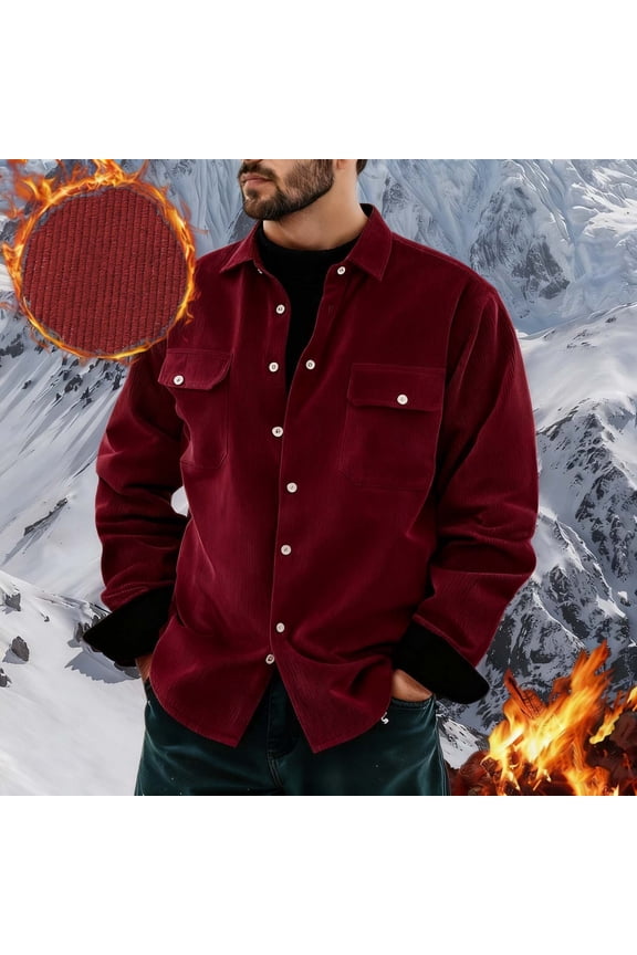 Men's Lined Solid Color Corduroy Lapel Long Sleeve Double Pockets Button Cardigan Coat,Red,Big and Tall Men XXL