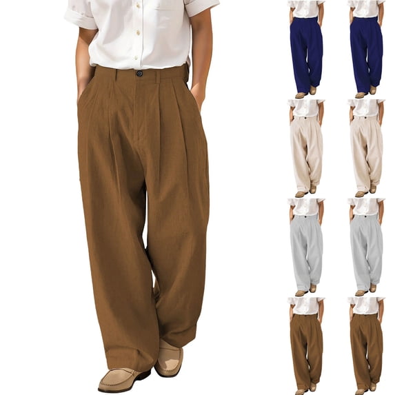 DPTALR Men's Linen Double Pleated Button Zipper Multiple Pockets Fashion Trousers,Brown,Big and Tall Men XL