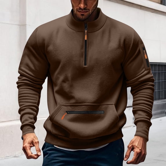 DPTALR George Men's Long Sleeve Quarter Zip Fleece Pullover Sweatshirts,Casual Big and Tall Golf Shirts with Pocket Sweater Tops,Brown,Big and Tall Men L