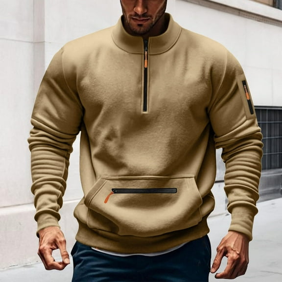 DPTALR George Men's Long Sleeve Quarter Zip Fleece Pullover Sweatshirts,Casual Big and Tall Golf Shirts with Pocket Sweater Tops,Khaki,Big and Tall Men M