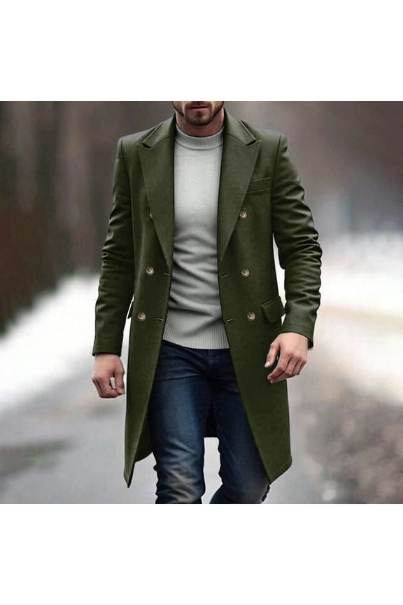 Men's Long Wool Coat，Oversized Double Breasted Trench Pea Coat，Winter Wool Overcoat,Army Green,Big and Tall Men XXL