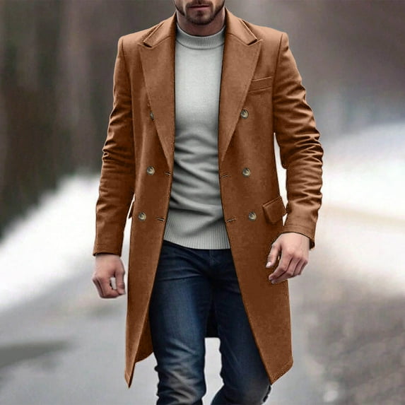 DPTALR Men's Long Wool Coat,Oversized Double Breasted Trench Pea Coat,Winter Wool Overcoat,Brown,Big and Tall Men XL