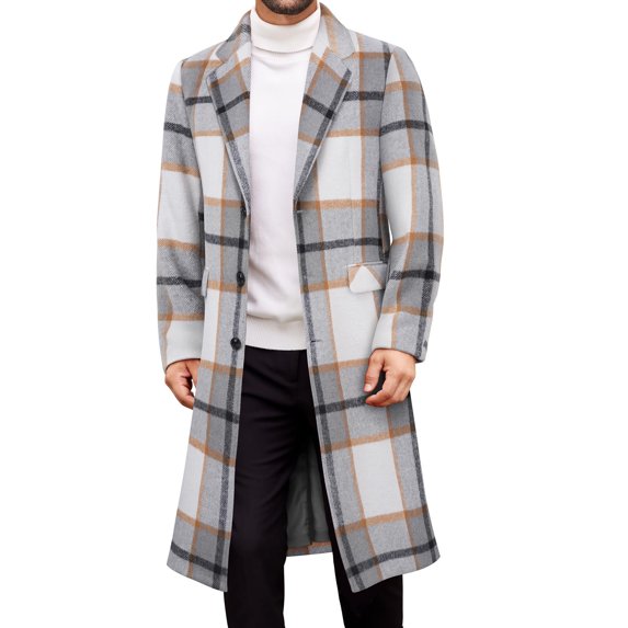 DPTALR George Men's Long Wool Plaid Trench Coat,Casual Lapel,Winter Coat with Pockets,Gray,Big and Tall Men XXL