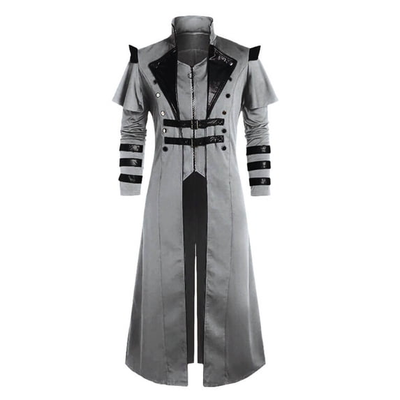 DPTALR Men's Medieval Steampunk Long Trench Coats,Gothic Victorian Vintage Tailcoat Jackets,Double Breasted Zipper Coats,Gray,Big and Tall Men XL