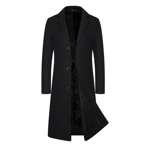 DPTALR Men's Notched Lapel Faux Woolen Overcoat,Mid Long Classy Cozy Trench Coat,Winter Single Breasted Warm Jacket,Black,Big and Tall Men XL