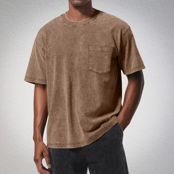 DPTALR Men's Oversized Short Sleeve T-Shirts,Loose Fit Casual Basic with Pocket,Brown,L