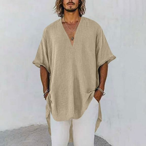DPTALR George Men's Oversized V-Neck Short Sleeve,Casual Summer Trendy Basic Tunic,Loose Fit Tees,Khaki,Big and Tall Men M