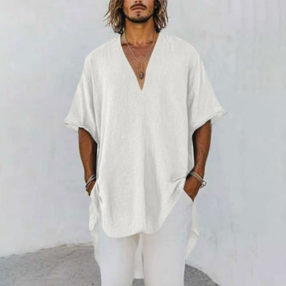 DPTALR George Men's Oversized V-Neck Short Sleeve,Casual Summer Trendy Basic Tunic,Loose Fit Tees,White,Big and Tall Men L