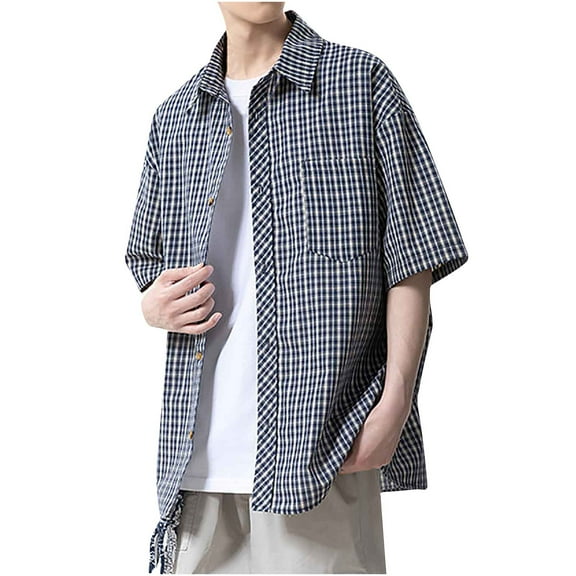 DPTALR George Men's Plaid Button Up Top,Short Sleeve Shirts,Blue,Big and Tall Men L