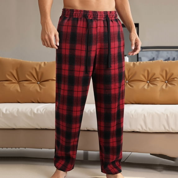 DPTALR Men's Plaid Straight Tube Elastic Waist Home Pants,Wine Big and Tall Men S