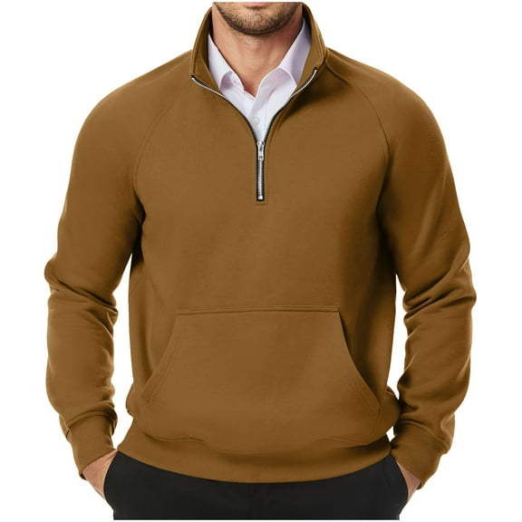 DPTALR George Men's Quarter Zip Pullover Sweatshirts, Fall Winter Warm Mock Neck with Pockets; Personality Patchwork Color Collars, No Hoodie,Coffee,Big and Tall Men S