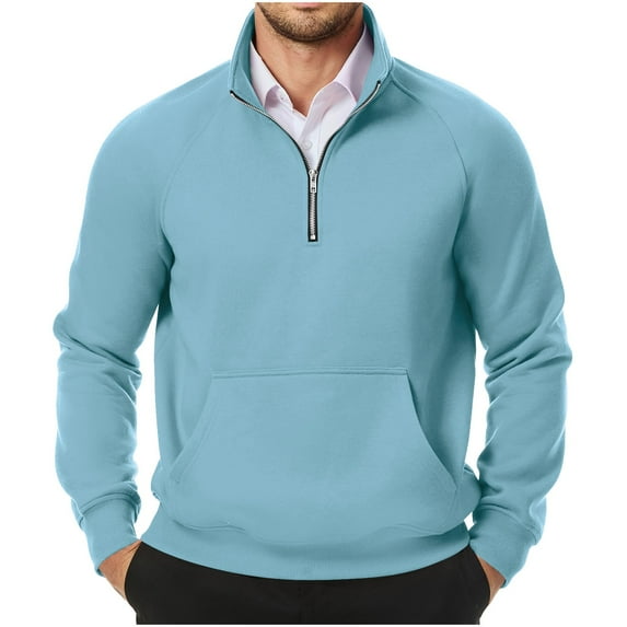 DPTALR Men's Quarter Zip Pullover Sweatshirts,Fall Winter Warm Mock Neck with Pockets; Personality Patchwork Color Collars,No Hoodie,Light Blue,XL