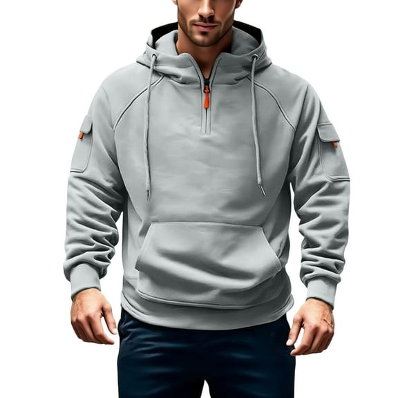 DPTALR George Men's Quarter Zip Pullover Cargo Sweatshirts with Hood,Fall Casual Comfy Soft Fleece Hoodies with Pockets,Gray,Big and Tall Men XXXL