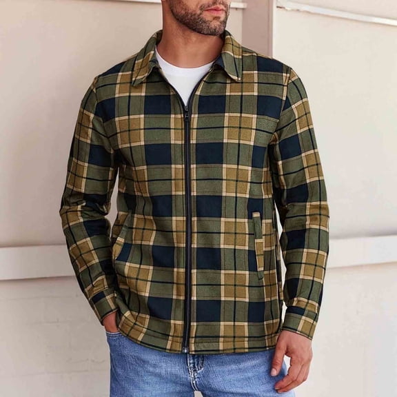 DPTALR George Men's Retro Heritage Plaid Thick Loose Lapel Jacket With Zipper Pockets,Green,Big and Tall Man XL