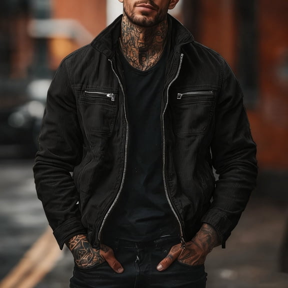 DPTALR George Men's Retro Sporty Zippered Cardigan Solid Color Lightweight with Flared Pockets,Black,Big and Tall Man XL