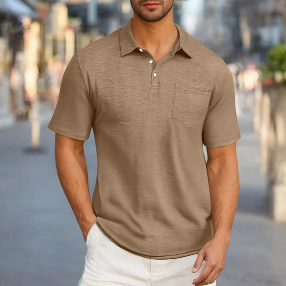 DPTALR George Men’s Short Sleeve Athletic Shirts,Casual Moisture Wicking Collared Golf T-Shirts with Buttons and Pocket,Solid Color,Khaki,Big and Tall Men L