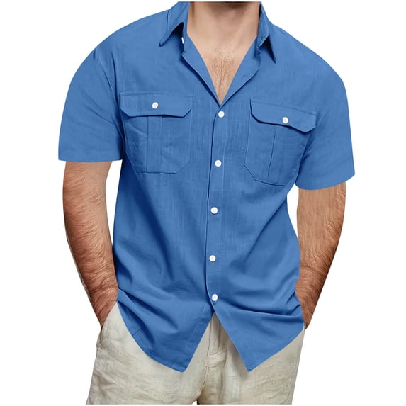 DPTALR Men's Short Sleeve Button Down Shirt,Casual Work Dress,Lightweight Summer with 2 Pockets,Blue,L