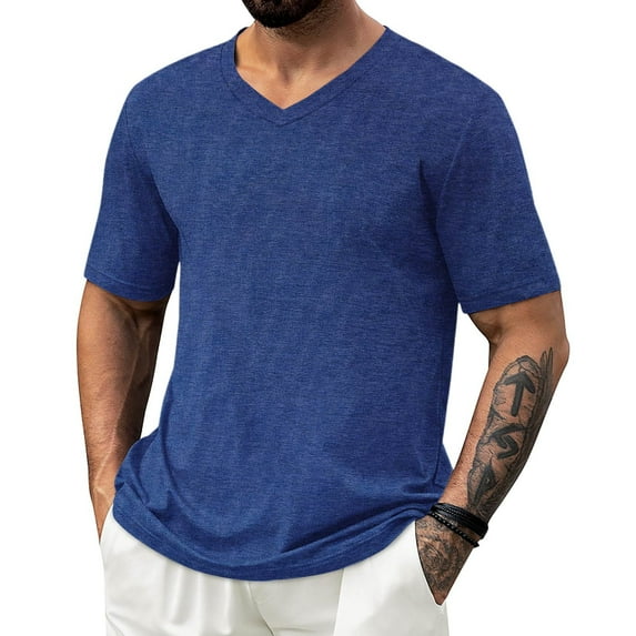 DPTALR George Men's Short Sleeve Classic V-Neck T-Shirts,Casual Summer Basic Tees,Blue,Big and Tall Men L