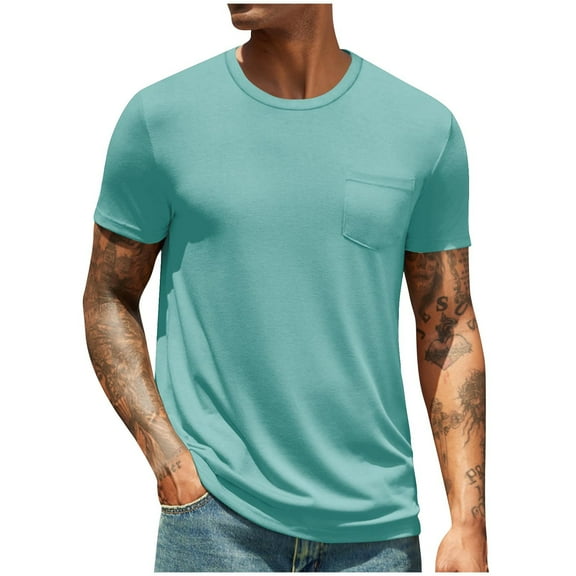 DPTALR George Men's Short Sleeve Cotton Pocket T-Shirts,Moisture Wicking Plain Casual Lightweight Summer Basic Tees,Light Blue,Big and Tall Men XXL
