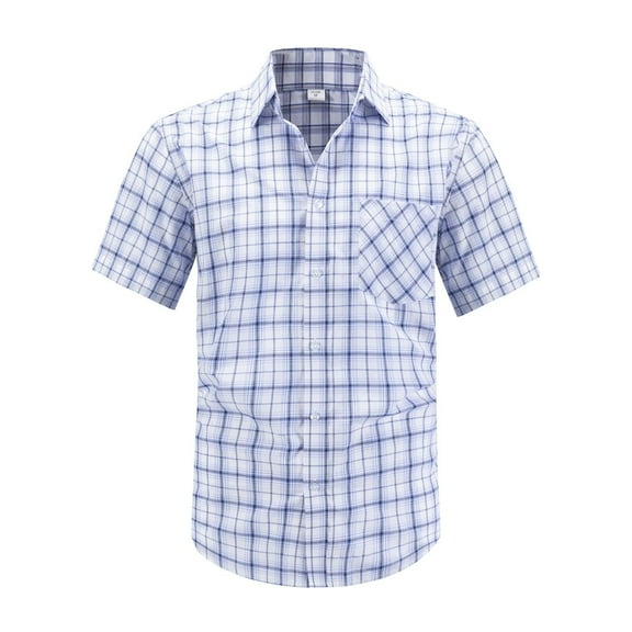 DPTALR George Men's Short Sleeve Cotton Shirts,Gingham Summer Button Down Plaid Shirt,Blue,Big and Tall Men XXXL