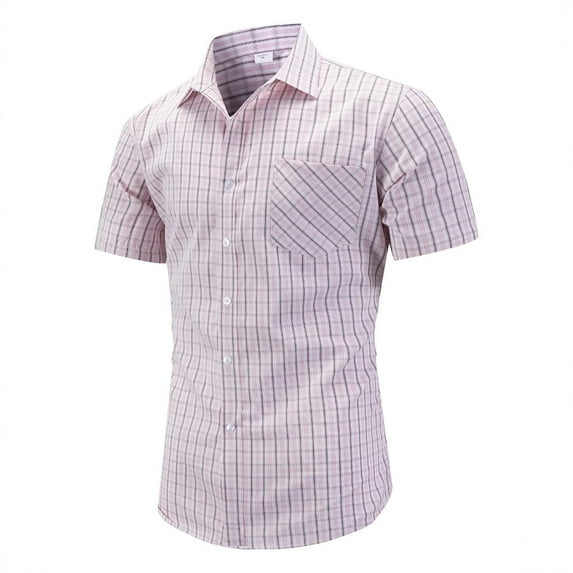 DPTALR Men's Short Sleeve Shirts,Gingham Summer Button Down Plaid Shirt,Pink,XXXL