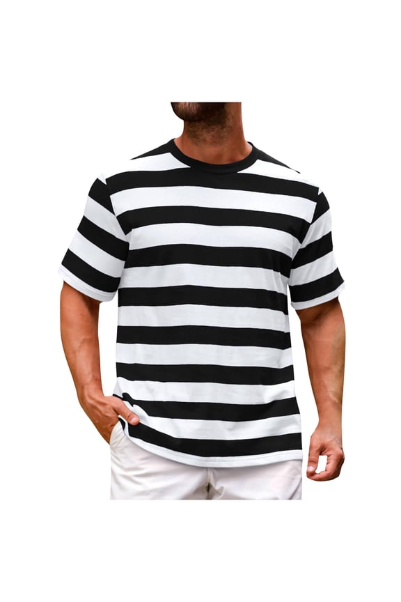 Men's Short Sleeve Crewneck T-Shirts,Striped Color Block Stretch,Casual Basic Summer Beach Tees,Black,L