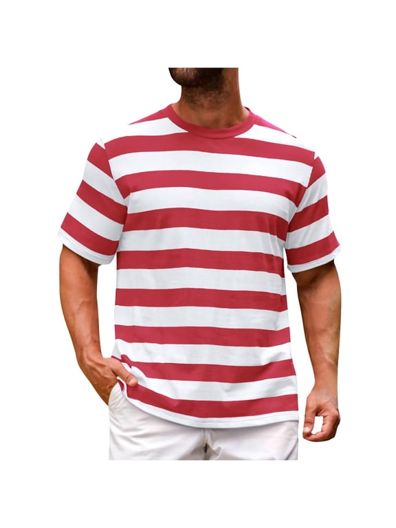 Men's Short Sleeve Crewneck T-Shirts,Striped Color Block Stretch,Casual Basic Summer Beach Tees,Red, M