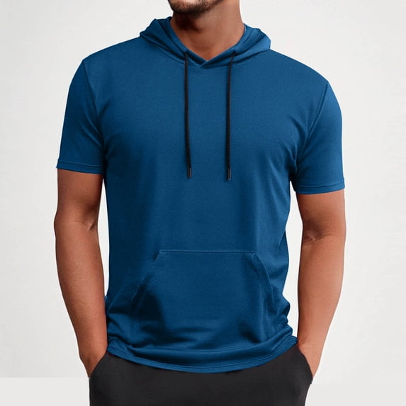 DPTALR Men's Short Sleeve Hoodie,Workout Gym Muscle Fit Fashion Athletic Pullover,Hooded T-Shirts,Dark Blue,XL
