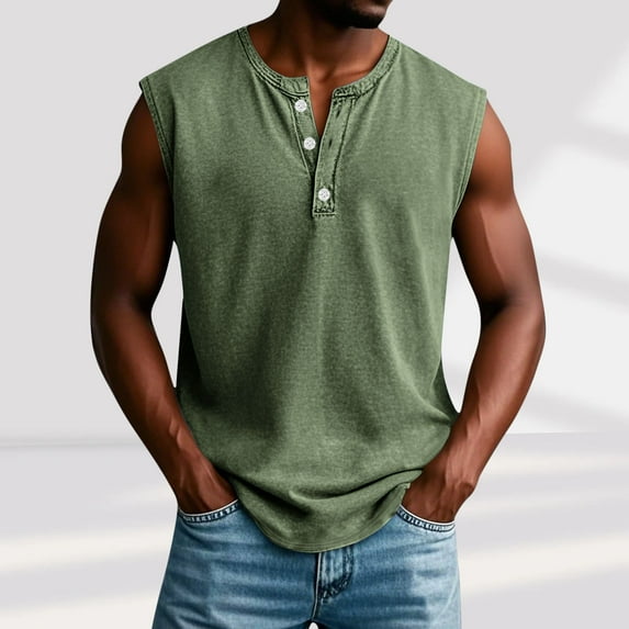 DPTALR Men's Sleeveless Workout Tank Tops,Gym Henley Shirt,Casual Basic Summer Beach Tops,Army Green, XL