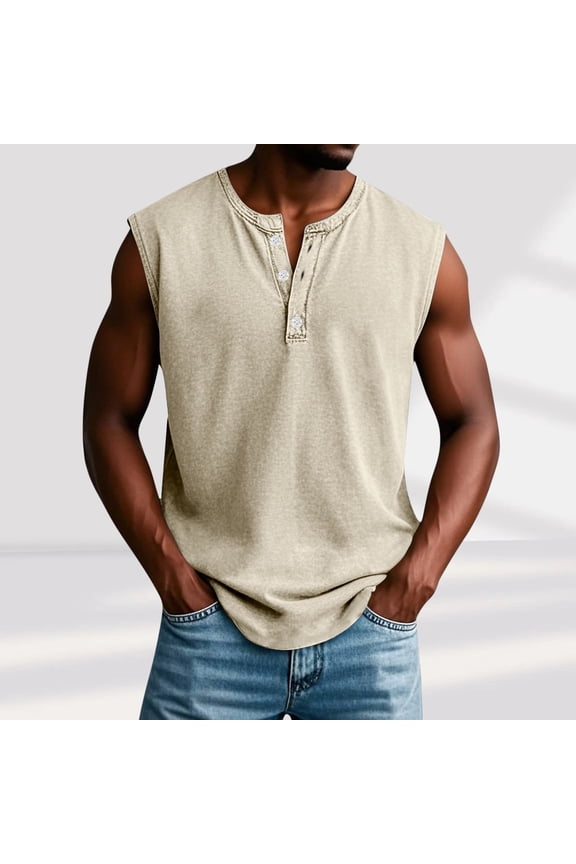 Men's Sleeveless Workout Tank Tops,Gym Muscle Henley Shirt,Casual Basic Summer Beach Tops,Beige, M